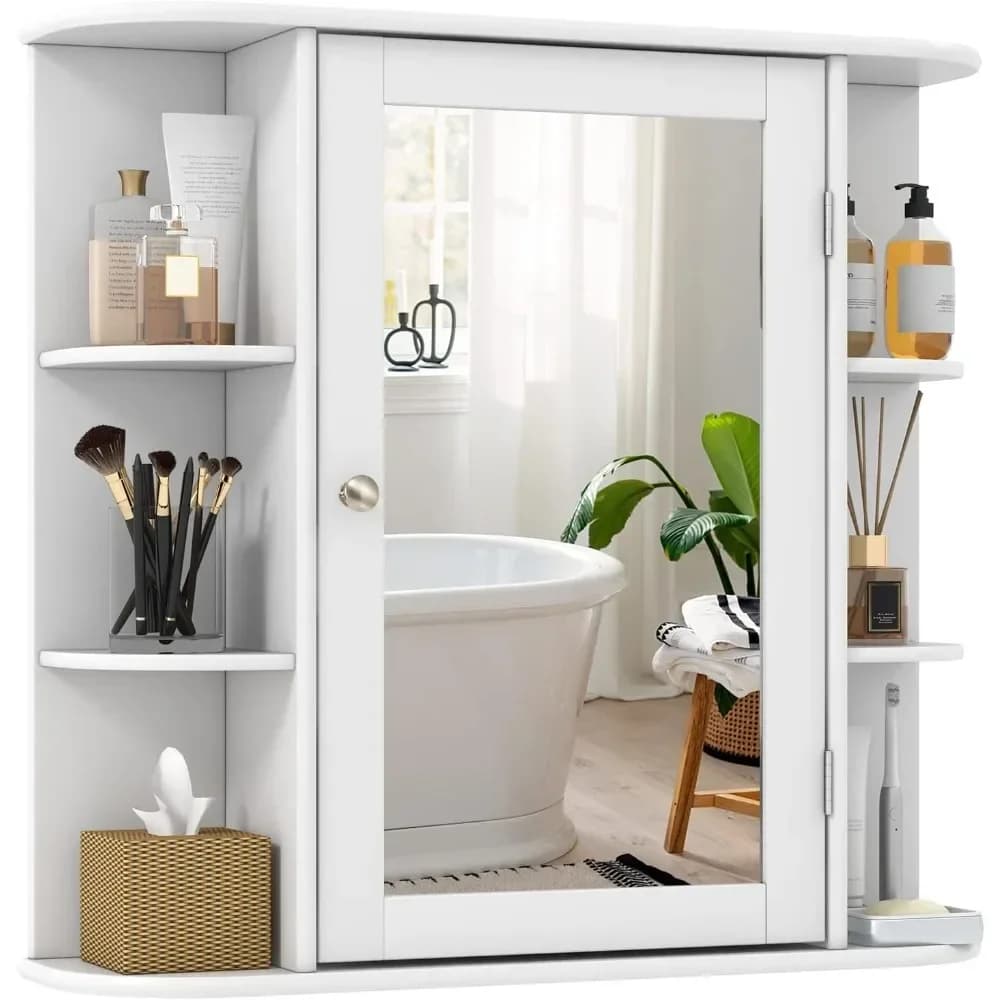 % un armadietto dei medicinali da bagno con specchio, armadietto da bagno a parete con anta a specchio e 6 ripiani aperti, ripiano regolabile