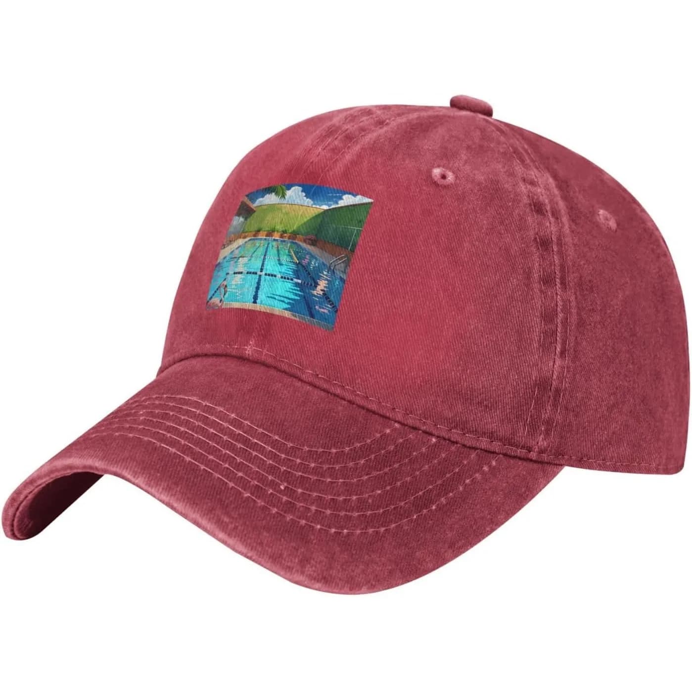 Cappellino da Baseball in Cotone con Stampa Scena Piscina, in Denim Effetto Usurato, Protezione Solare, Casual, Regolabile