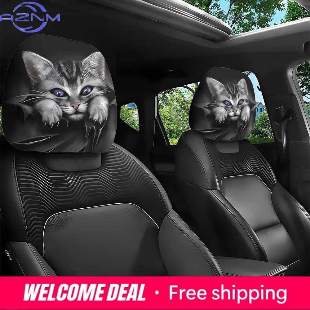 2 Pezzi Coprisedili per Auto con Stampa Gatto dalle Occhi Blu, Protezioni per Poggiatesta con Design Elastico per Installazione e Rimozione in Tutte le Stagioni