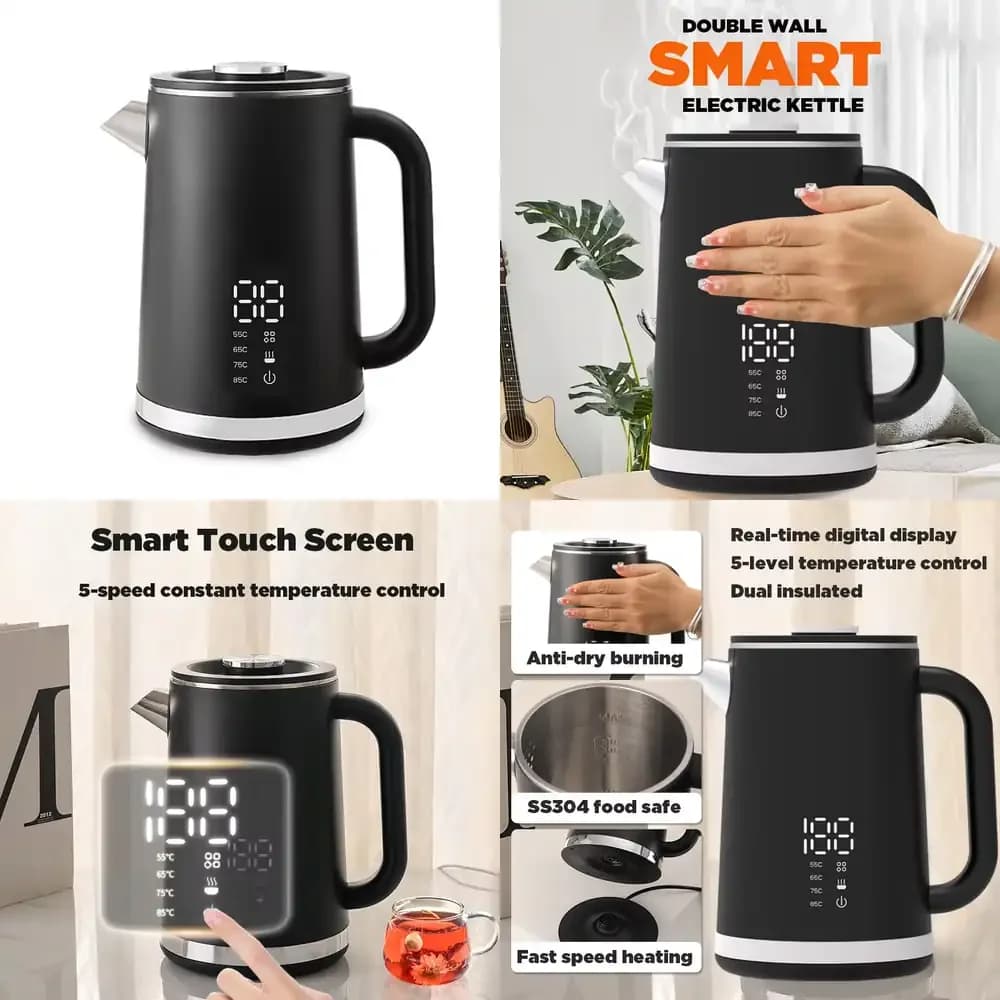 Bollitore Elettrico Portatile a Doppia Parete da 1,7L, 1500W, Senza Fili, con Design Moderno per Uso Domestico
