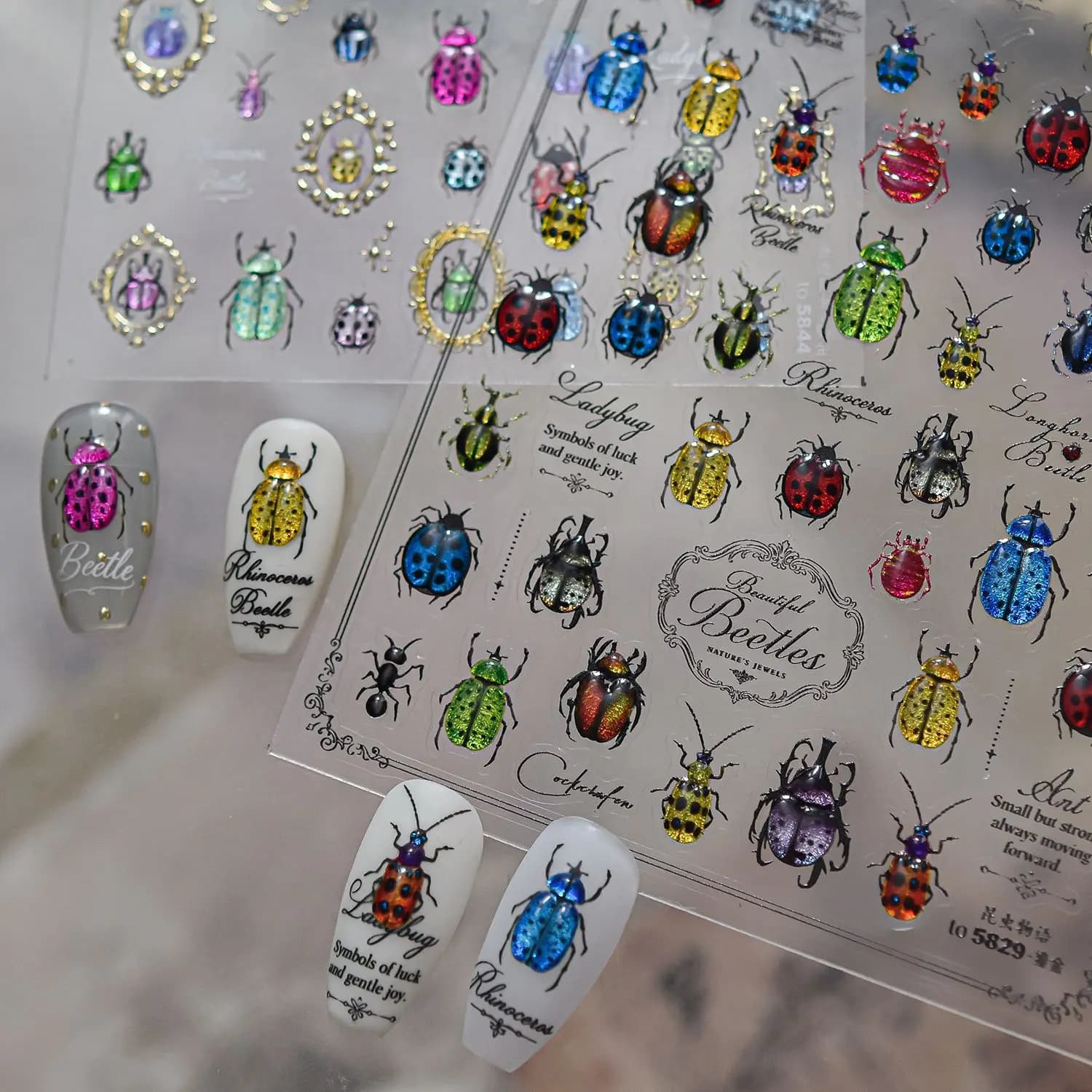 Delicate Beetle Lucky Little Wings 5D Nail Stickers Luxury Retro Gold Border Frame Stars Self-adhesive Nail Art Decor Manicure