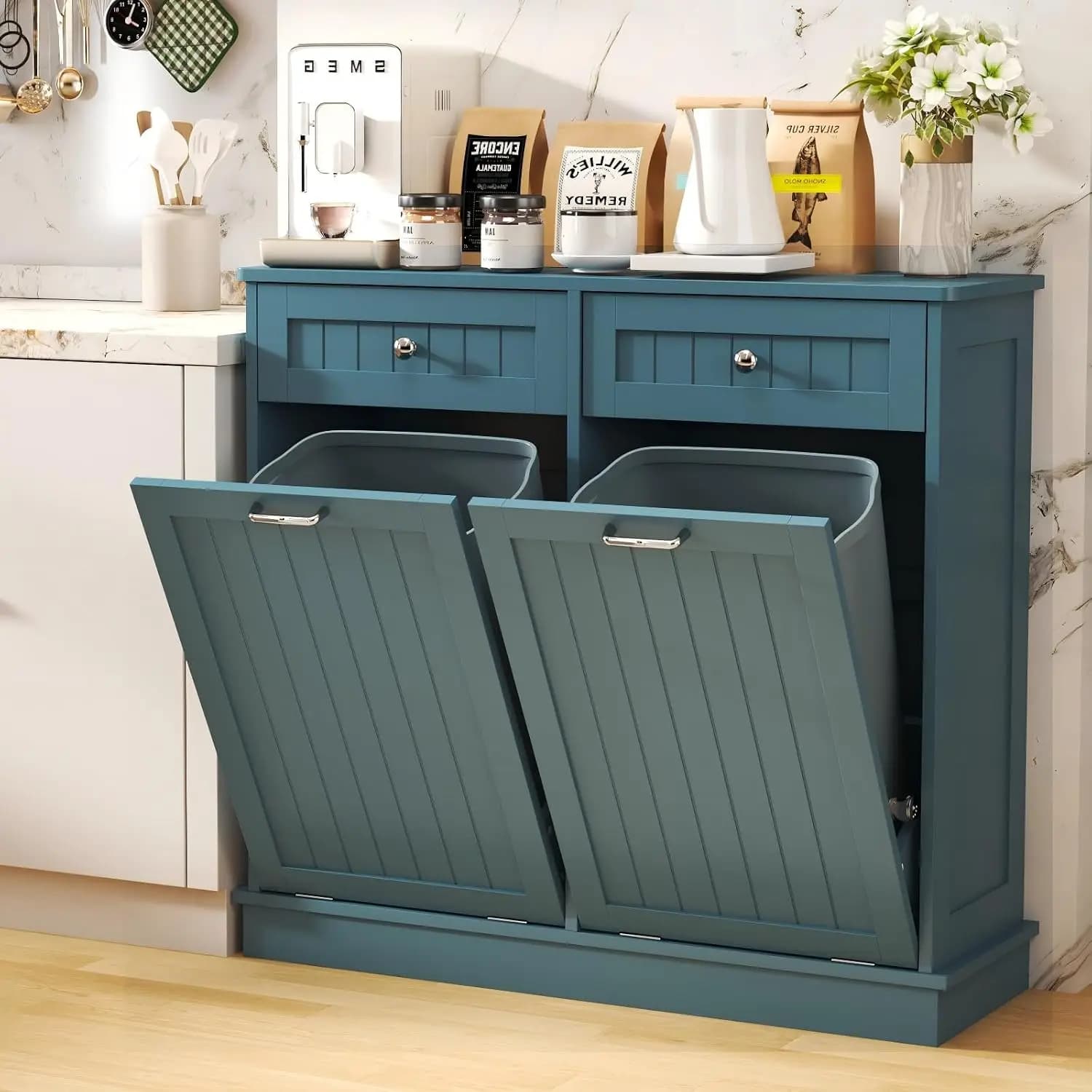 Tilt Out Trash Cabinet with Hidden Double Bin Holder, Kitchen Free Standing Recycling Storage, Pet Proof, Wood, Teal, Customized