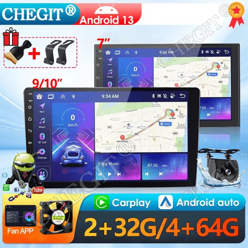 Android13 7 9 10 pollici Autoradio GPS 2 din Radio Ricevitore stereo Lettore 64G Lettore multimediale Wireless CarPlay Android Auto Regalo