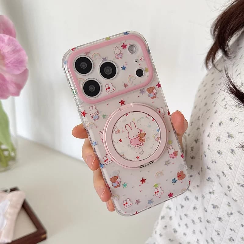 Custodia Protettiva Antiurto per iPhone 17 Pro 16 15 Pro Max con Supporto Rotante a Forma di Coniglio Miffy Cartone Animato Kawaii