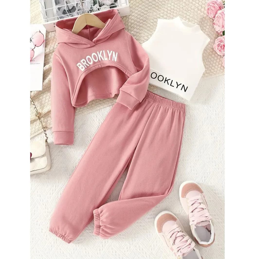 3 pezzi Set di vestiti per ragazze per bambini Primavera e autunno Felpa con cappuccio a maniche lunghe per neonate + Gilet senza maniche + Pantaloni lunghi Abbigliamento quotidiano