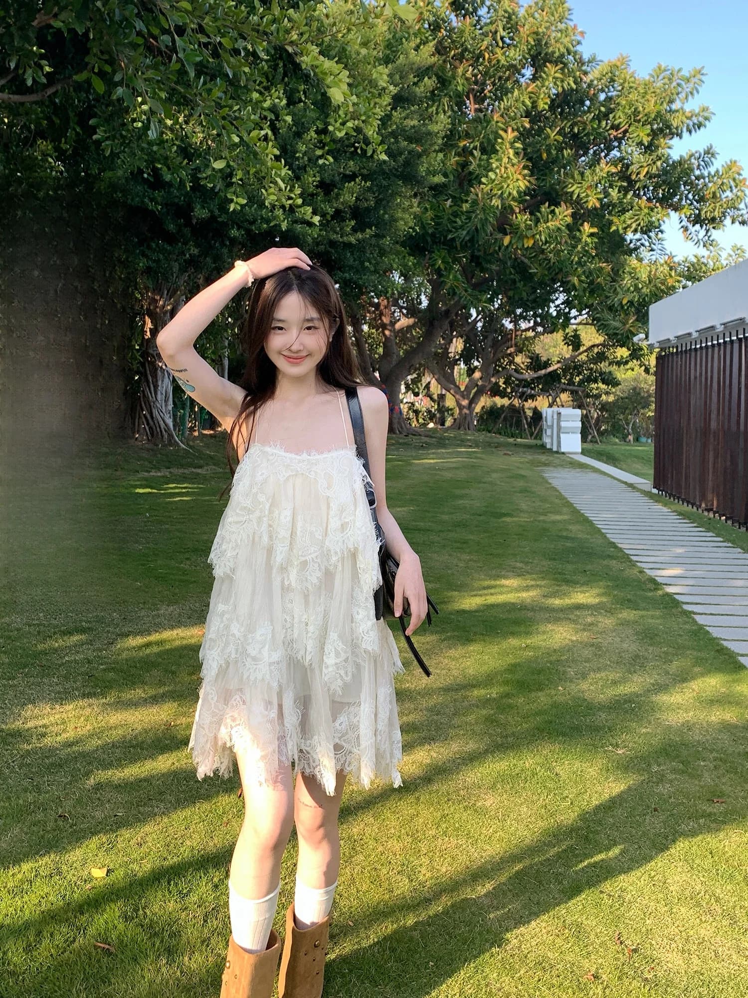 Sinbounboun Multi-Layer Textured Lace Skirt Off-Shoulder Strap Dress Vacation Style Fairy Skirt Women's Casual Breathable