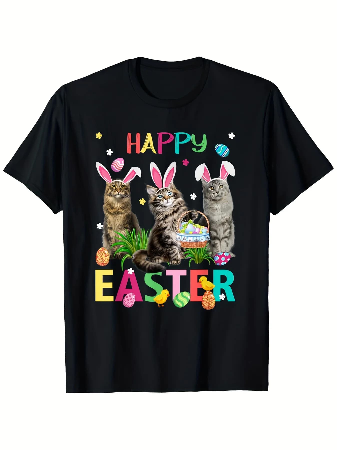 T-shirt casual con motivo gatto nero e orecchie di coniglio pasquale, per le celebrazioni quotidiane dei festival