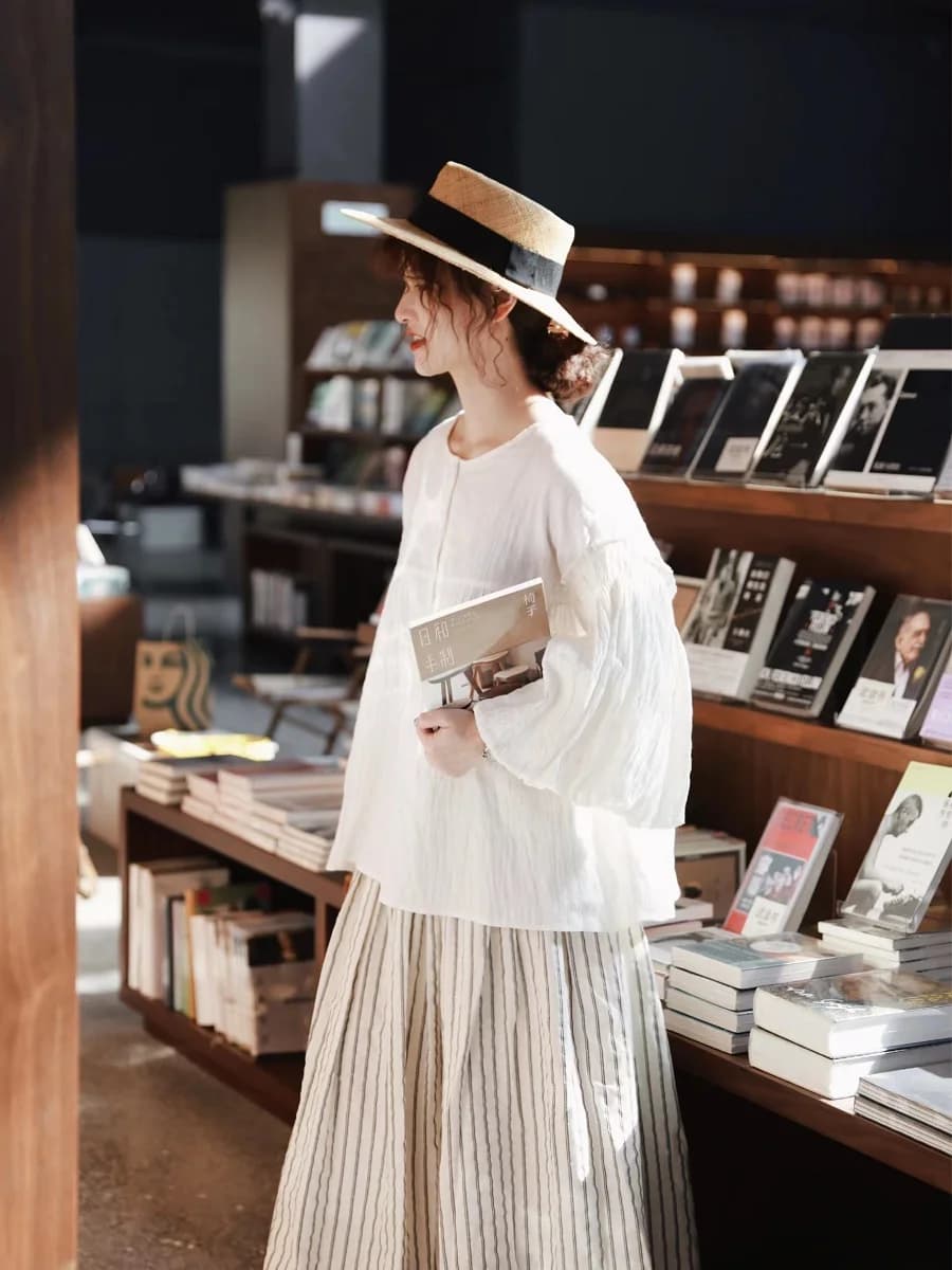 Camicia da donna vintage con maniche a sbuffo, stile giapponese, con maniche a bocciolo di fiore, dolce e graziosa per l'estate