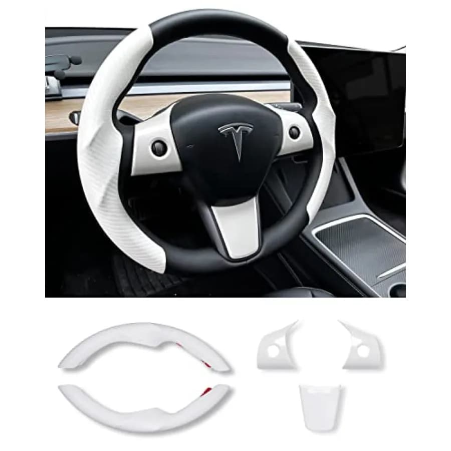 Carbon Fiber Steering Wheel Cover and ABS Wrap Kit for Model 3/ Y Accories White