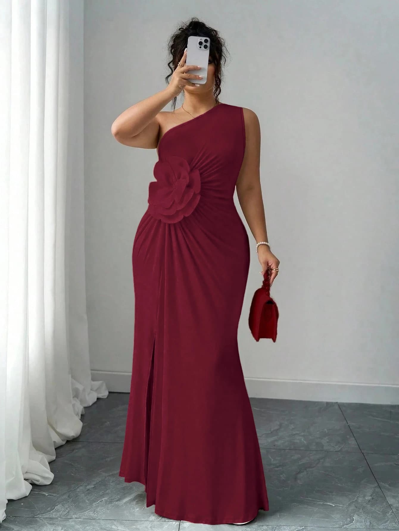Abito da donna monospalla bordeaux con applicazioni floreali, drappeggiato e con spacco, modello a sirena, elegante per feste, matrimoni, invitati, cocktail, estivo ed elasticizzato