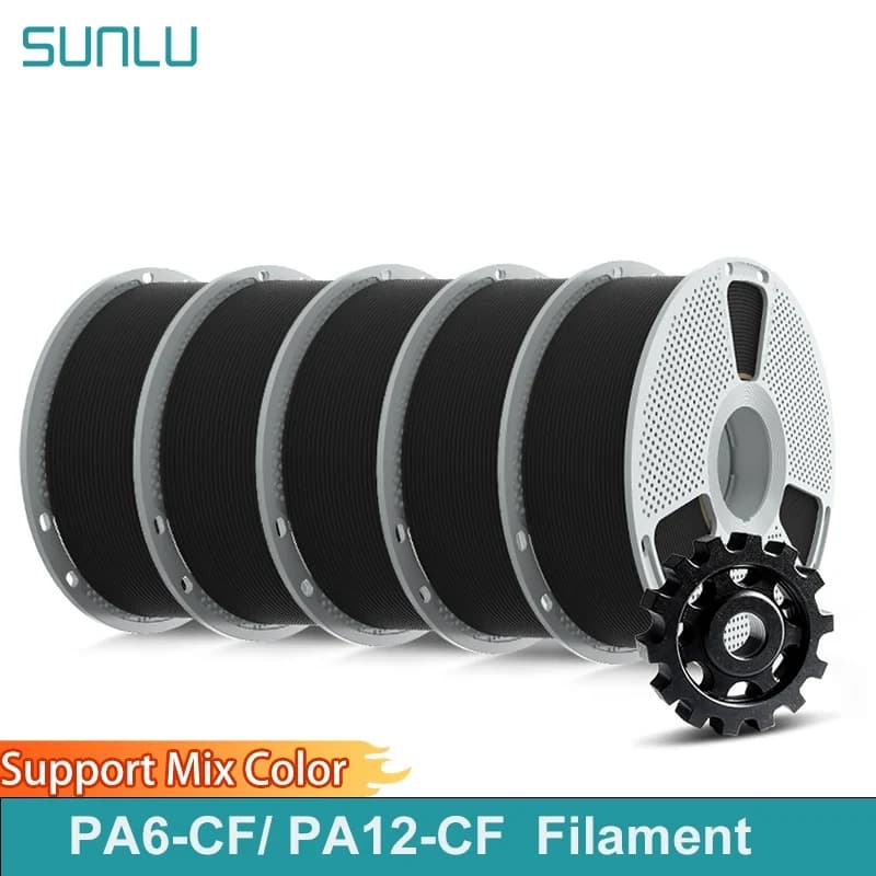 SUNLU 5 Rotoli PA6-CF/PA12-CF Filamento 3D Filamento in nylon con struttura in fibra di carbonio da 1,75 mm per stampante 3D, bobina da 0,5 kg/1 kg