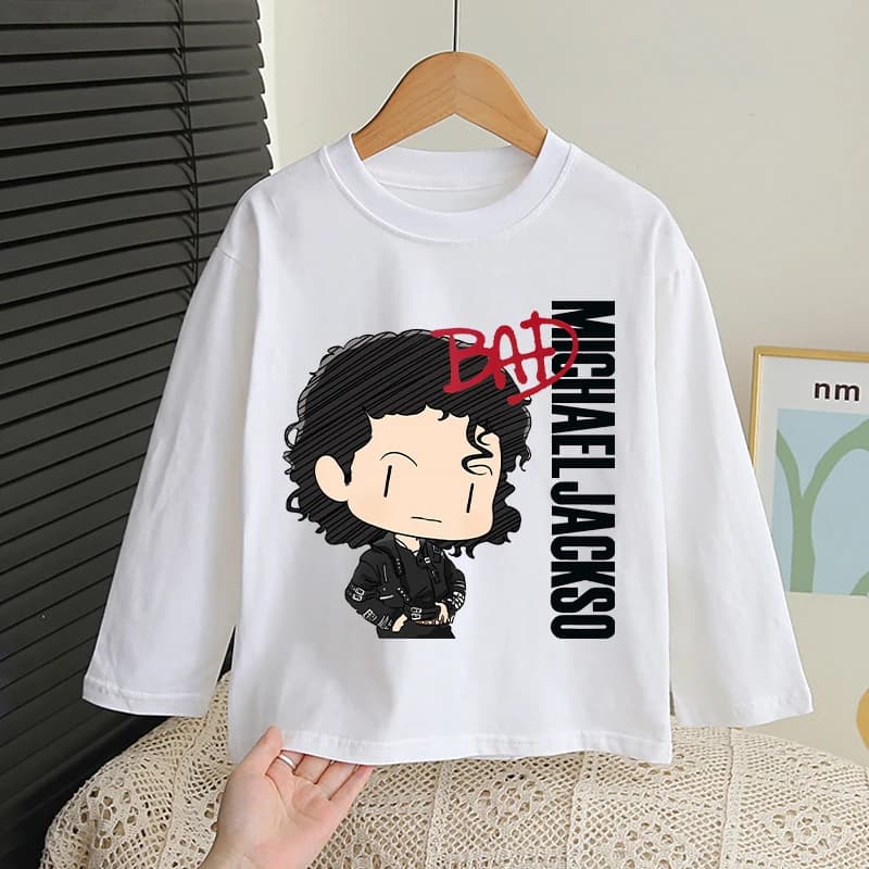 King of Pop Michael Jackson Long-sleeved T-shirt for Children Anime Cartoon Printed Base Layer Boys Girls Fashion Cute T-shirts