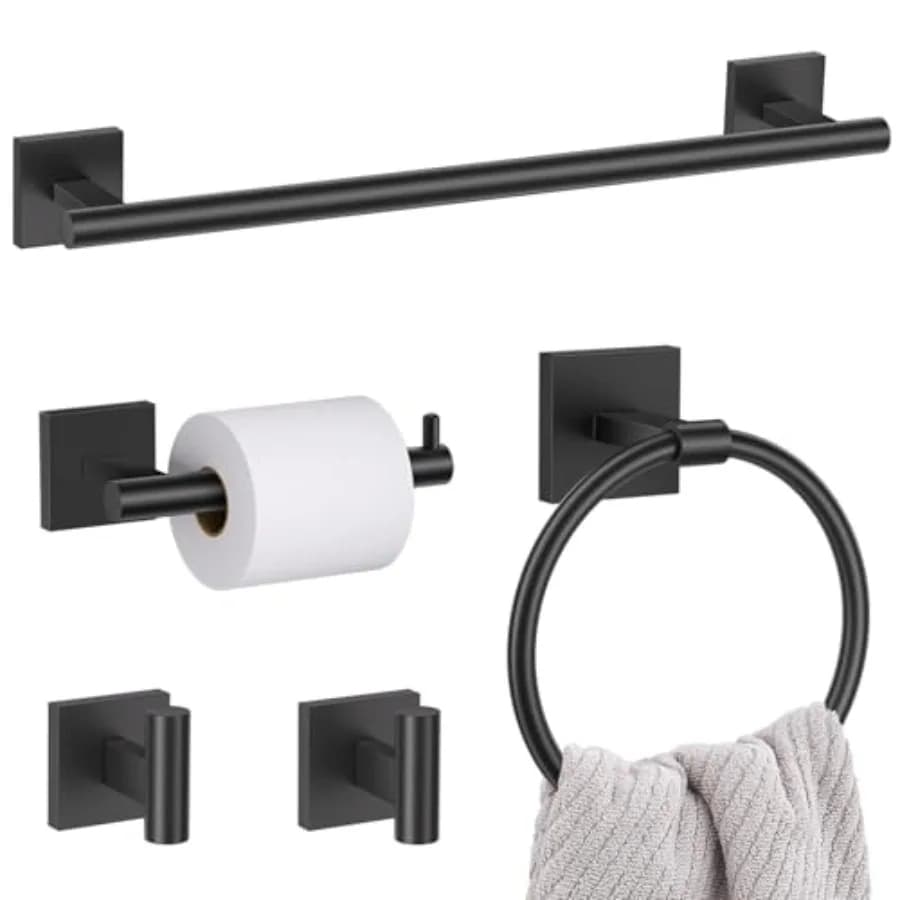 Set di 5 Accessori per Bagno in Nero Opaco, Include Portasciugamani da 23,6 Pollici, Anello Portasciugamani, Porta Carta Igienica e Due Altri Accessori