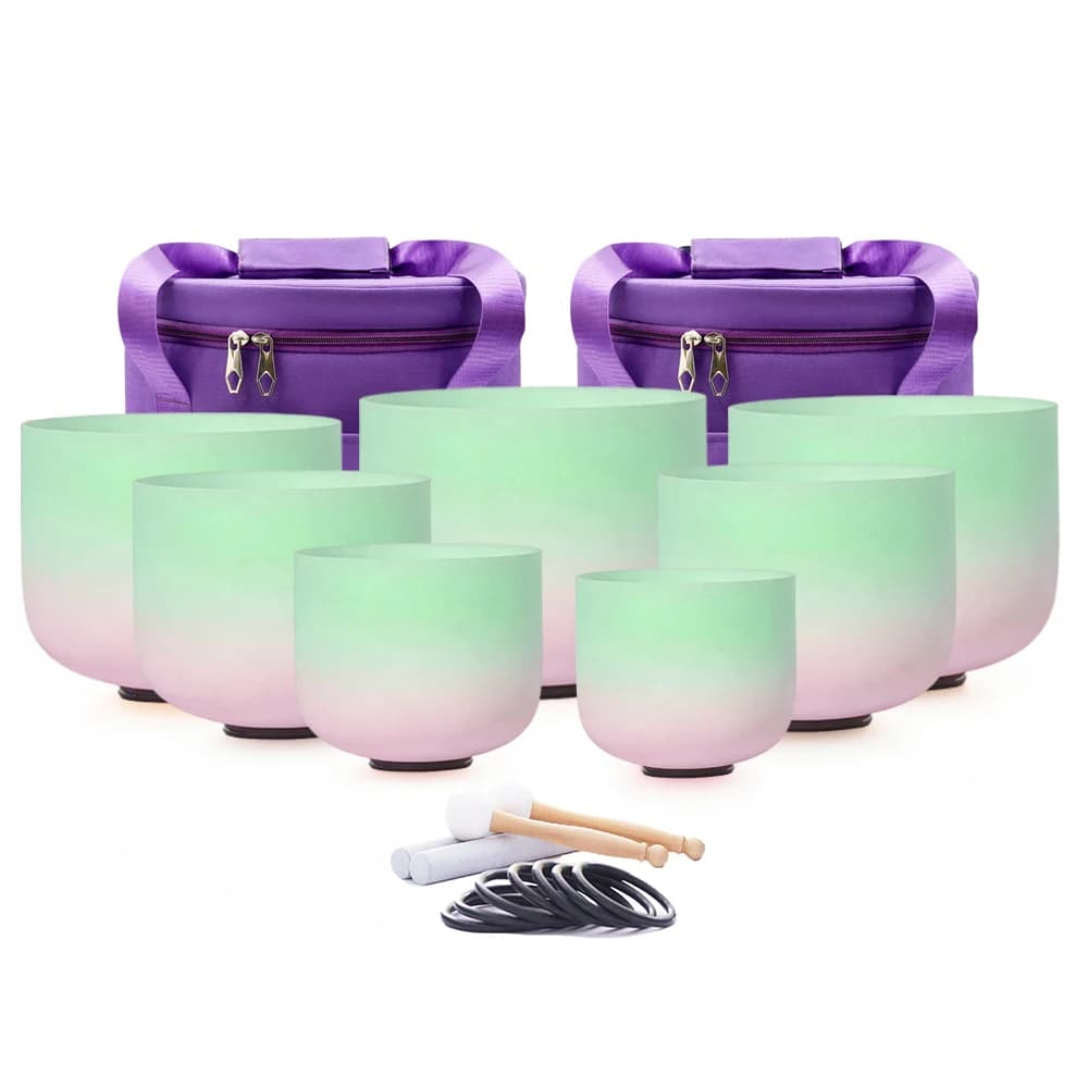 Hye-eun 6-12/7-12inch Spring Color Quartz Crystal Singing Bowl 7pcs Chakra Set CDEFGAB Note for Sound Healing with Carry Case