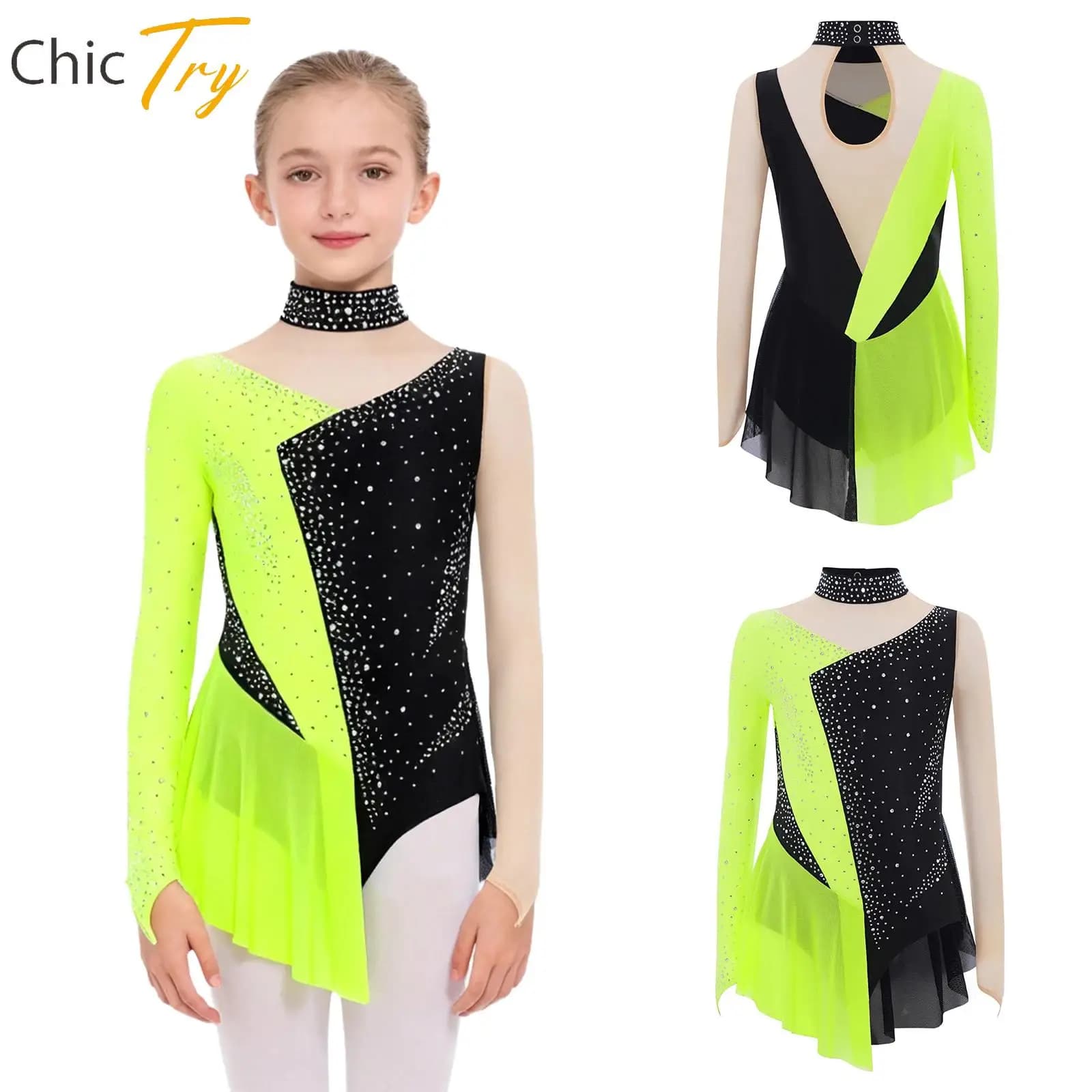 Vestito da Danza Lirica Moderna per Bambine, con Strass e Rete, Body da Ginnastica, Costume per Pattinaggio Artistico e Spettacoli di Danza