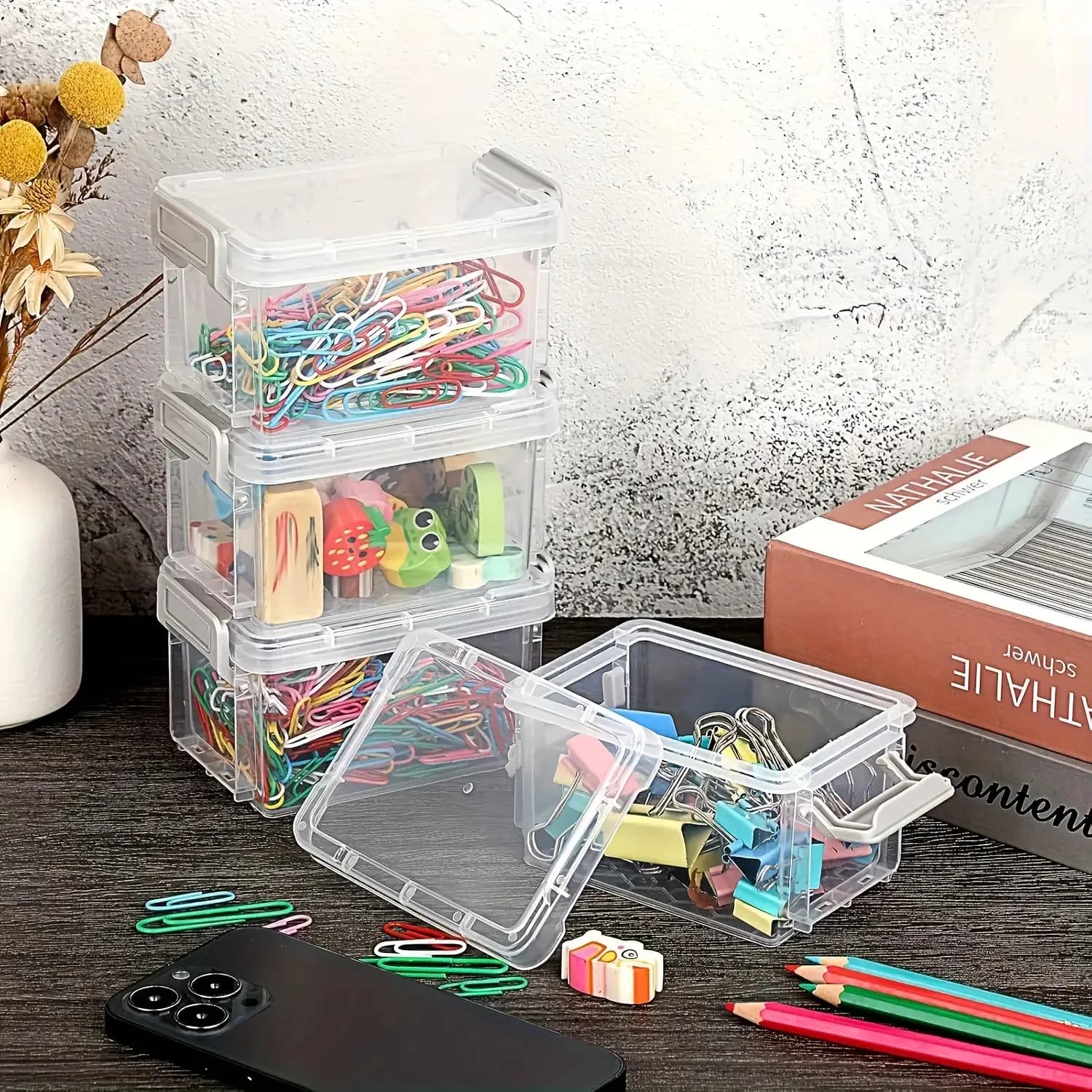 10 Transparent Plastic Storage Boxes with Gray Clasp - Stackable Small Organizer Bins for Craft Materials, Beads, Candy - Durabl make up organizer storage organizer storage box