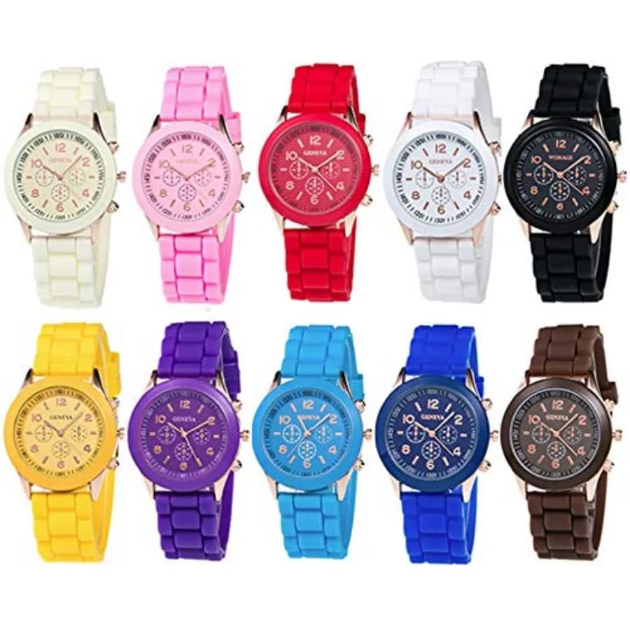Set di 10 Orologi da Polso con Cinturino in Silicone per Uomo e Donna, Analogici al Quarzo, Colorati