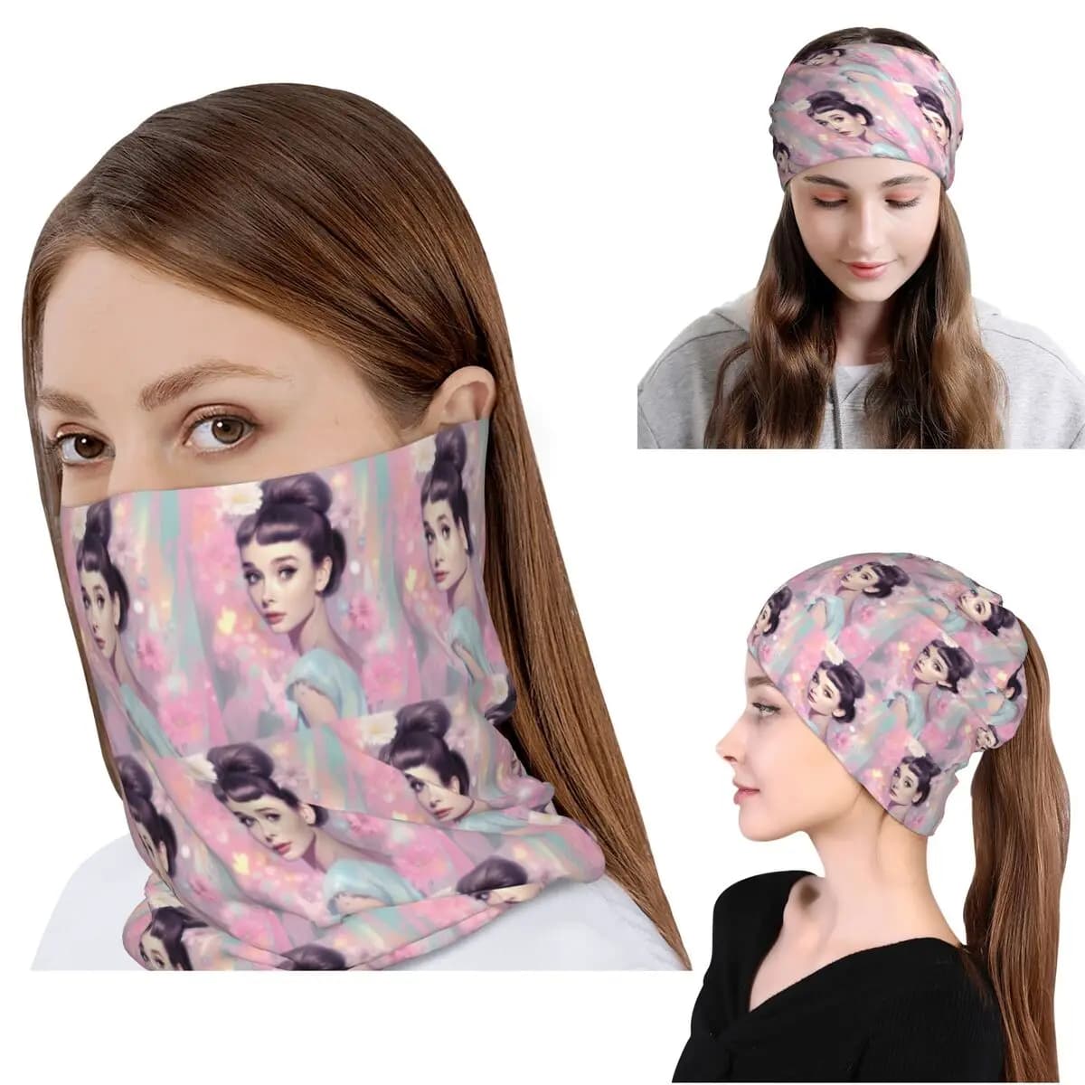 Audrey Hepburn Bandana Neck Gaiter Wrap Scarf Multi-use Face Mask Beanies Hat for Men Women Adult Breathable