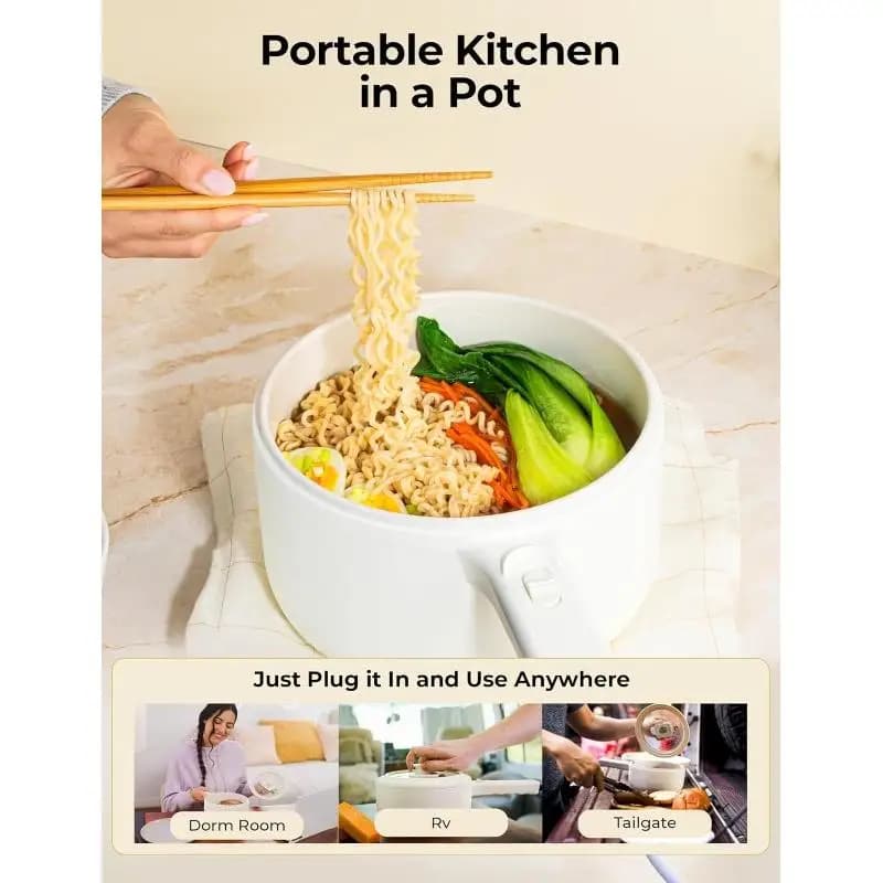 Electric Hot Pot with Lid and Steamer, 1.5L Ceramic Hot Pot Electric Skillet, Ramen Cooker, Portable Nonstick Hotpot Pot Electric Cooker Frying Pan for Dorm Room Essentials, Camping, RVs, Work