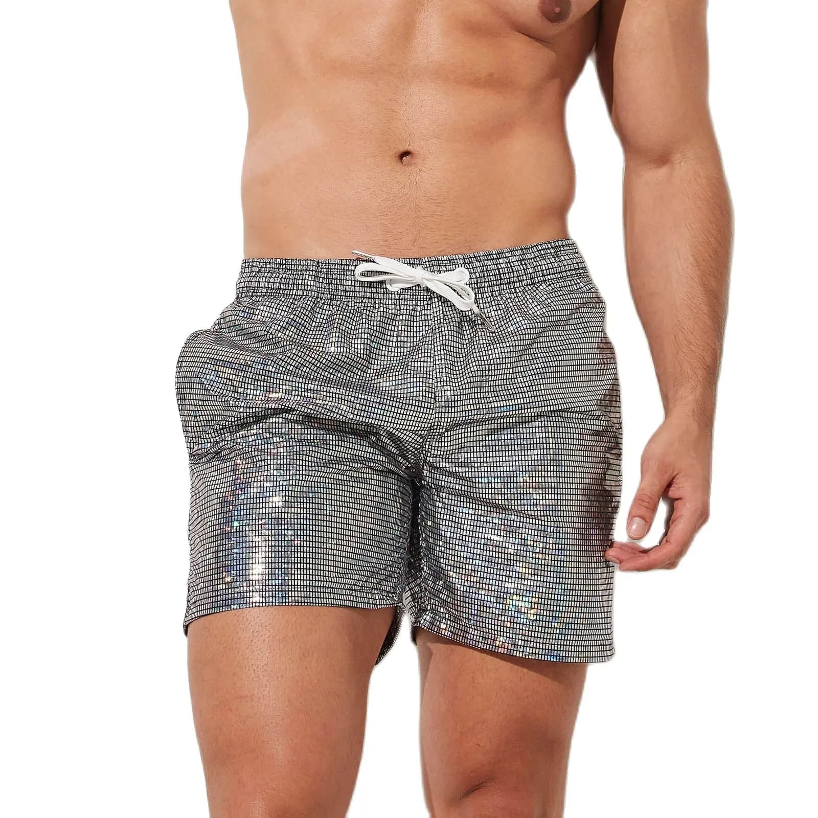 Pantaloncini da bagno da uomo da spiaggia Costumi da bagno da uomo Silvery Shine Costume da surf Boxer da spiaggia in ecopelle Abbigliamento da palestra