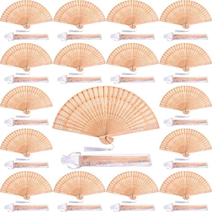 Qunclay 60Pcs Wooden Hand Fans Folding Wedding Fans for Guest Chinese Hollow Pattern with White Tassel and Gift Bag for Wedding