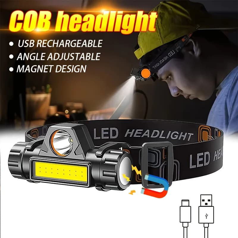 Lampada frontale a LED COB ricaricabile super luminosa Torcia frontale USB magnetica Campeggio esterno Escursionismo Pesca Batteria a lunga durata Impermeabile