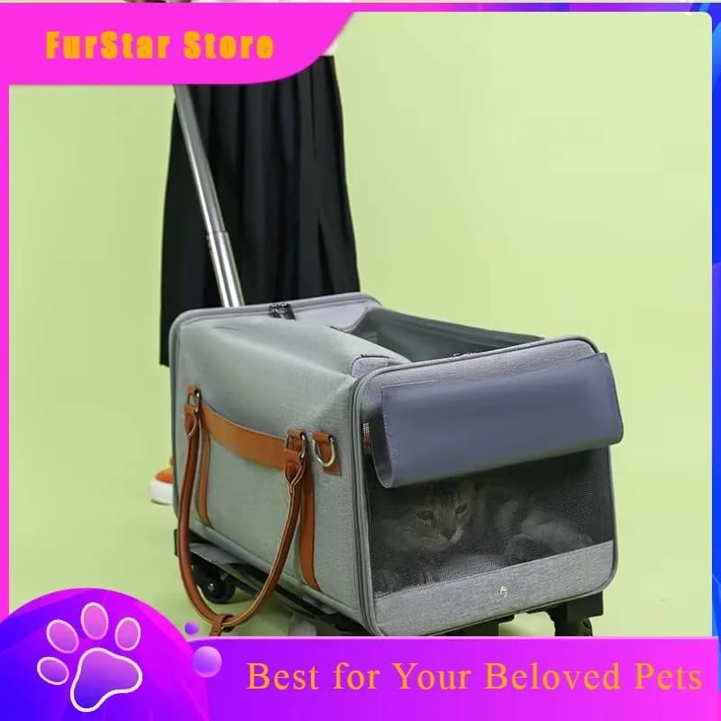 FurstarPortable Pet Carrier Backpack With Wheels Cat Cart Portable Supplies For Going Out Folding Luggage Pets Bag Products Supp
