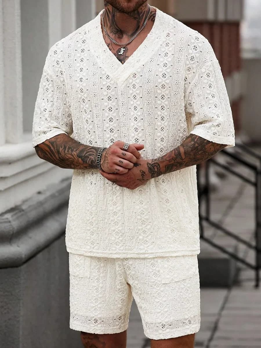 Completo Estivo da Uomo in Maglia a Uncinetto con Scollo a V, Due Pezzi, Bianco, Casual