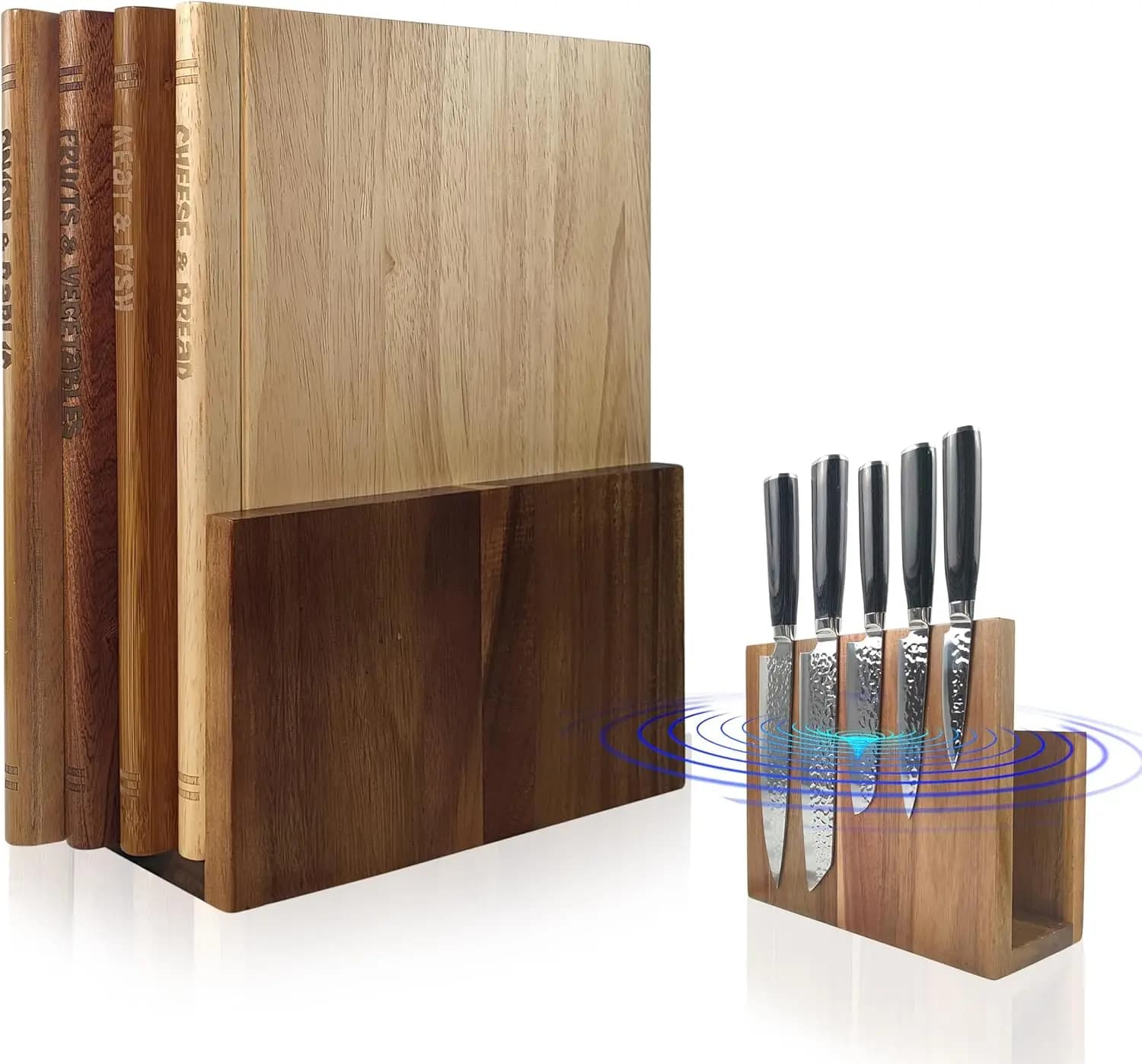 Set di 4 Taglieri a Forma di Libro con Portacoltelli Magnetico, Taglieri in Legno Non Tossico per Cucina, 4 Legni Massicci, Etichettati