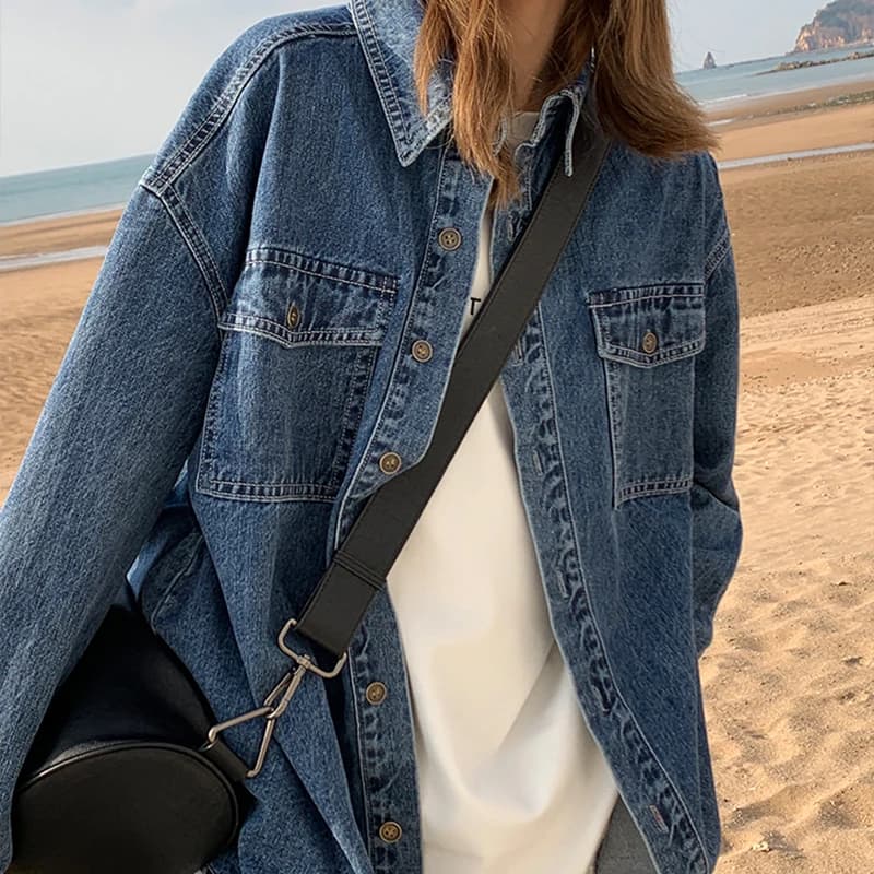 Camicia di jeans da donna vintage blu scuro Autunno Inverno Manica lunga Risvolto Camicetta ampia Capispalla Jean lavato femminile