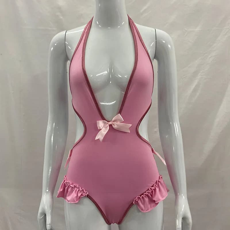 Pink Halter Cut Out One Piece Swimsuit Women Bow Ruffle Deep V Slim Beach Monokini Bodysuit