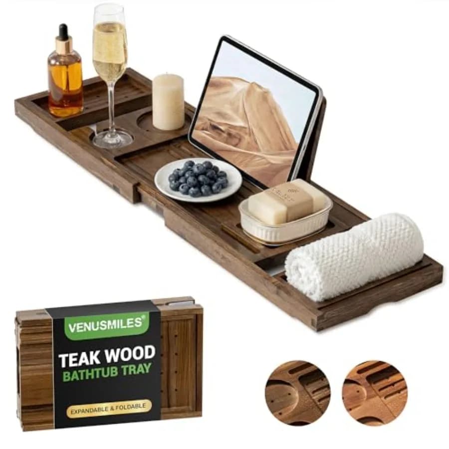 Vassoio da Bagno in Teak Pieghevole con Manici Estensibili, Portabicchieri e Supporto per Telefono, Porta Libri per Relax a Casa e Spa