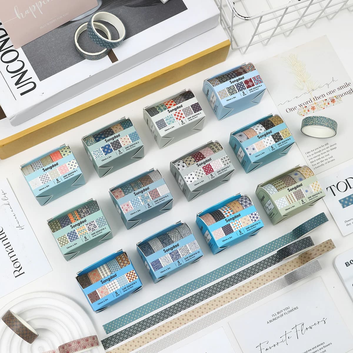 5 Rotoli/Scatola di Nastro Washi Vintage con Motivi Floreali e a Griglia, Nastro Adesivo Decorativo per Diari, Scrapbook, Album, Cover per Telefoni, Decorazione Tazze