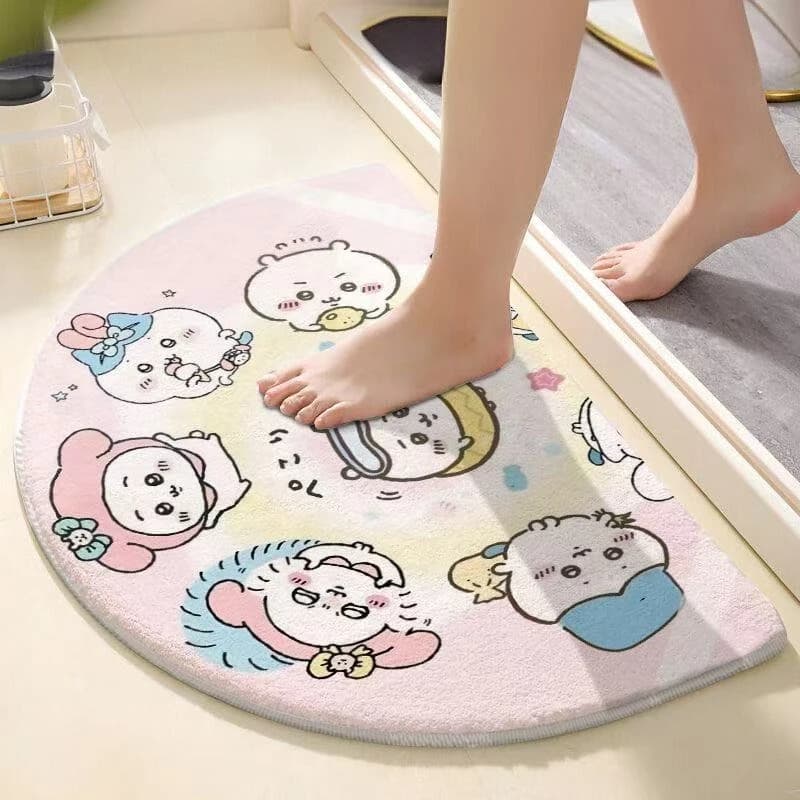 Chiikawa Semi Circle Bath Mat Cute Anime Hachiware Usagi Print Soft Fluffy Water Absorbent Doormat Non Slip Curved Floor