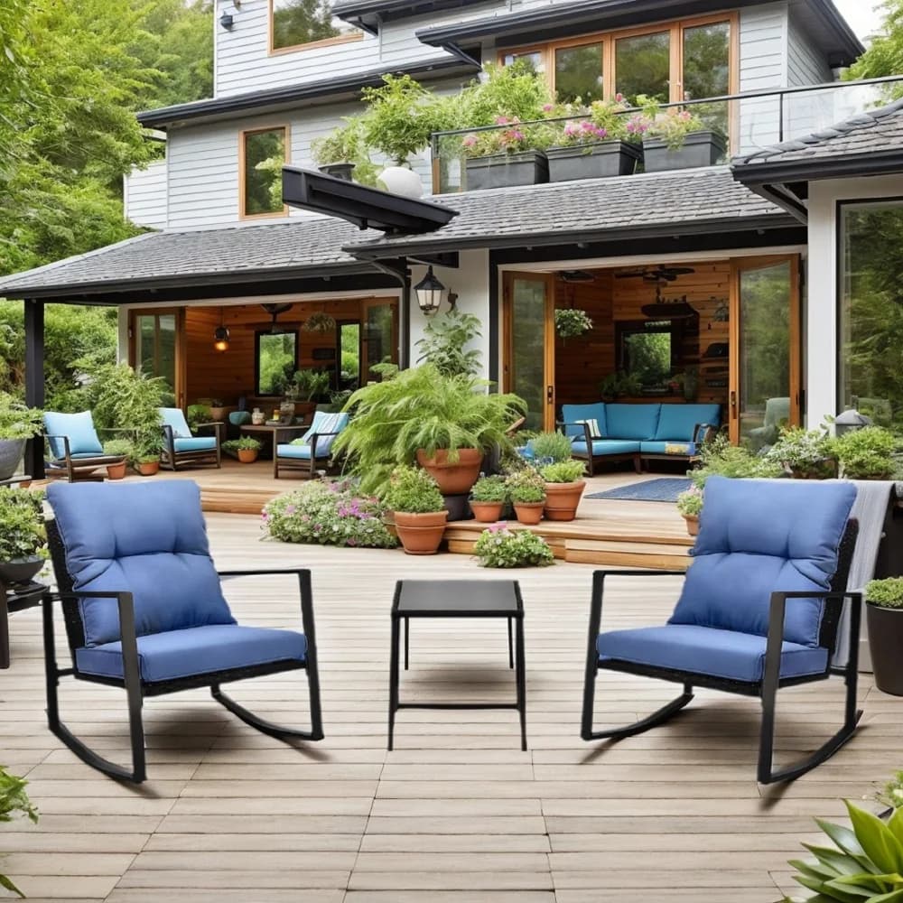 3-piece outdoor bistro set with rocking chair and blue garden cushion, courtyard and poolside