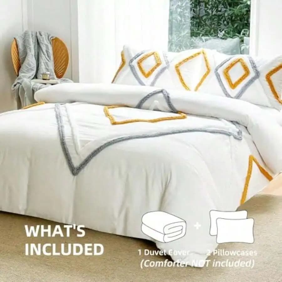 Washed Microfiber Duvet Cover Set Queen Size Tufted Diamond Embroidered Bedding 3 Pieces With Zipper