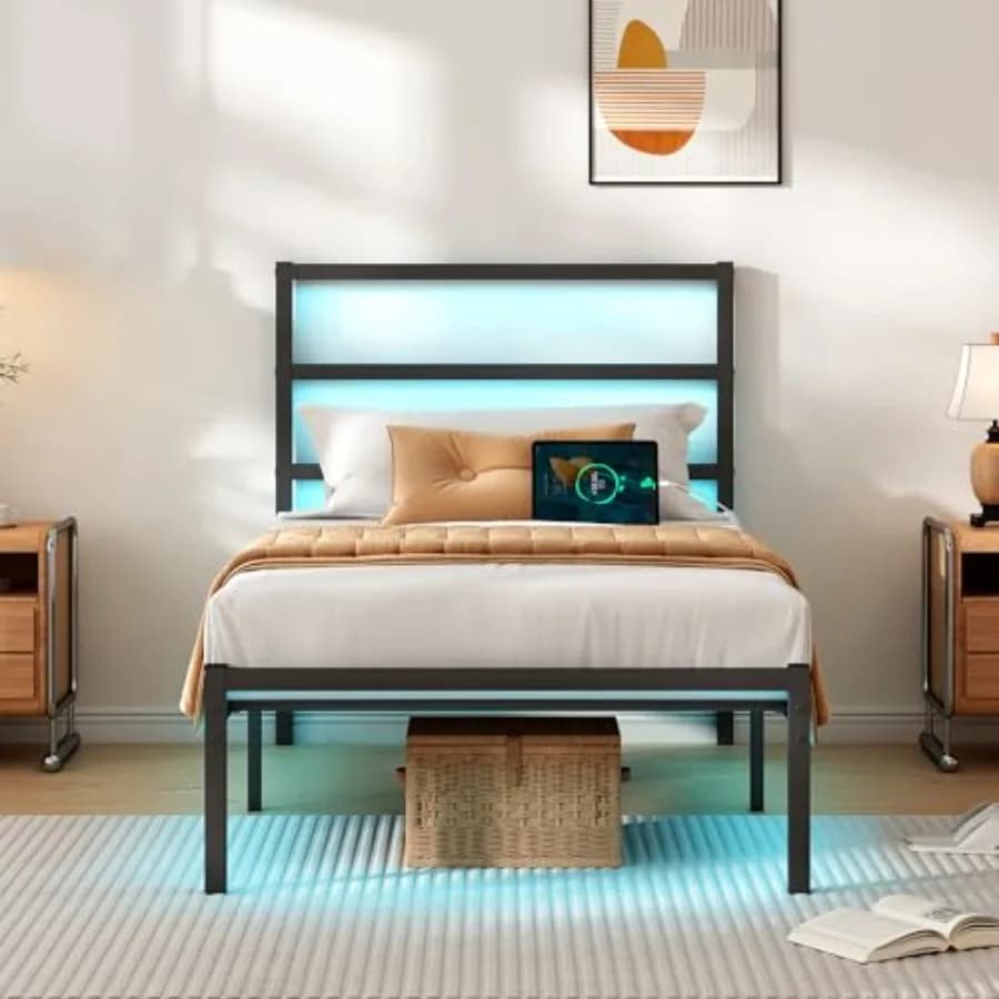 Struttura letto con testiera, supporto a doghe in acciaio resistente - Struttura letto con LED e stazione di ricarica USB, base per materasso - Sottoletto