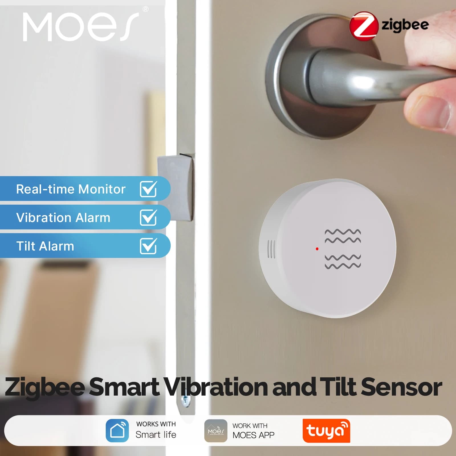 MOES Zigbee Sensore intelligente di vibrazione e inclinazione Rilevazione Tuya Allarme di movimento per la sicurezza delle porte e finestre Monitoraggio in tempo reale