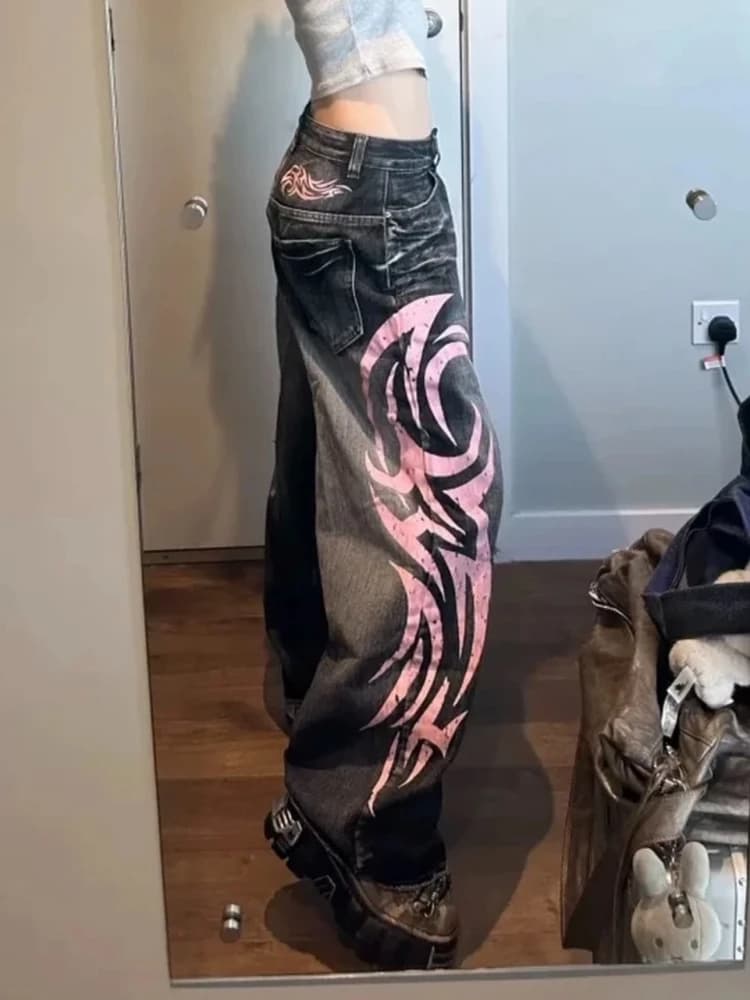 Deeptown Y2k Jeans gotici vintage Donna Harajuku Stampa Grunge Pantaloni larghi in denim Punk Hip Hop Nero Streetwear Jeans a gamba larga