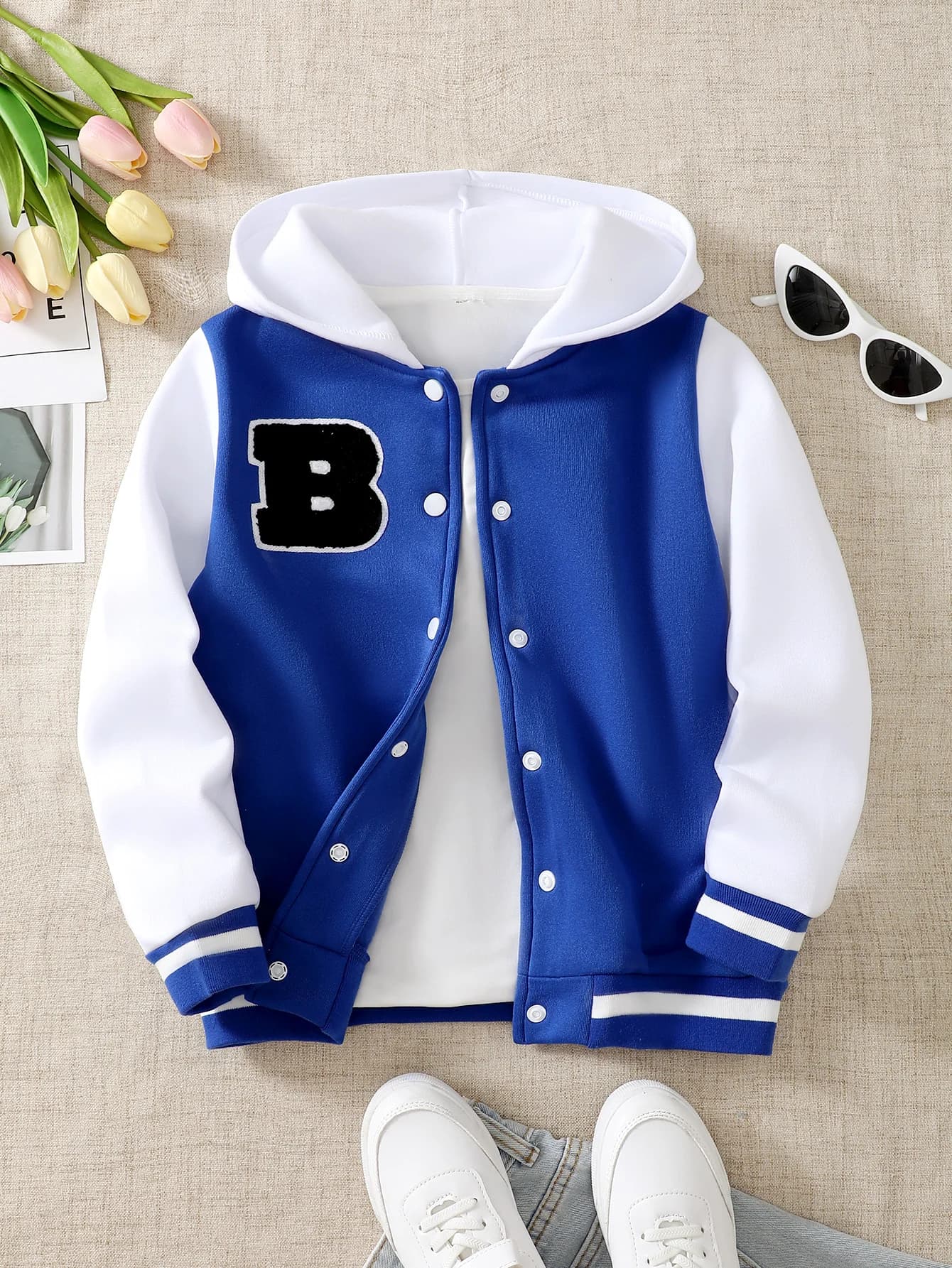 Autumn Winter Kids Baseball Jacket Casual Sporty 1Pc Blue-White Contrast Stitched Button-Up Hooded Baseball Vest for Girls