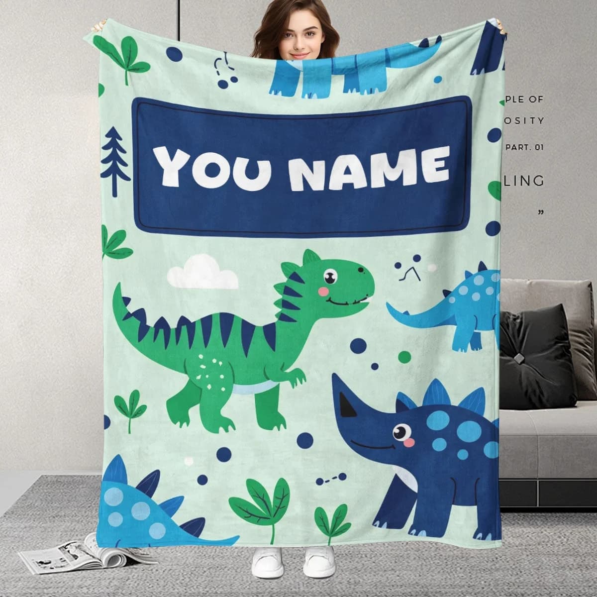 Coperte personalizzate con nome, dinosauri dei cartoni animati, regalo di compleanno per bambini o figlie, biancheria da letto, morbide e ipoallergeniche