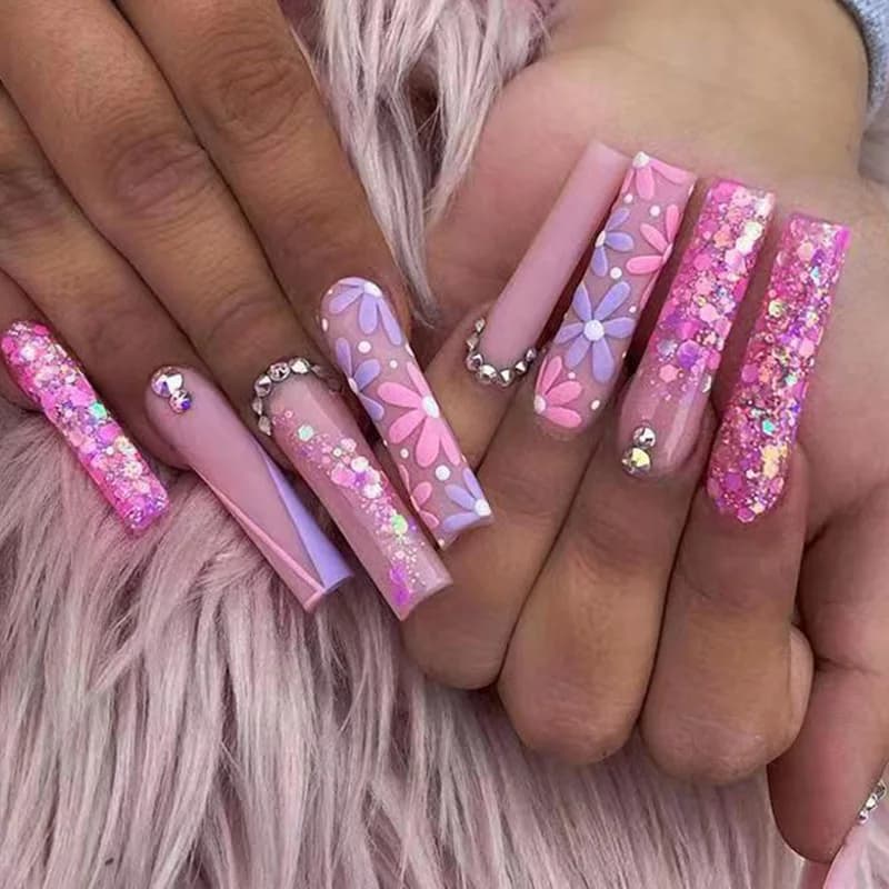 24 pieces long fake nails for ballet pink purple flower rhinestones full cover nail tips wearable french square print on set of fake nails