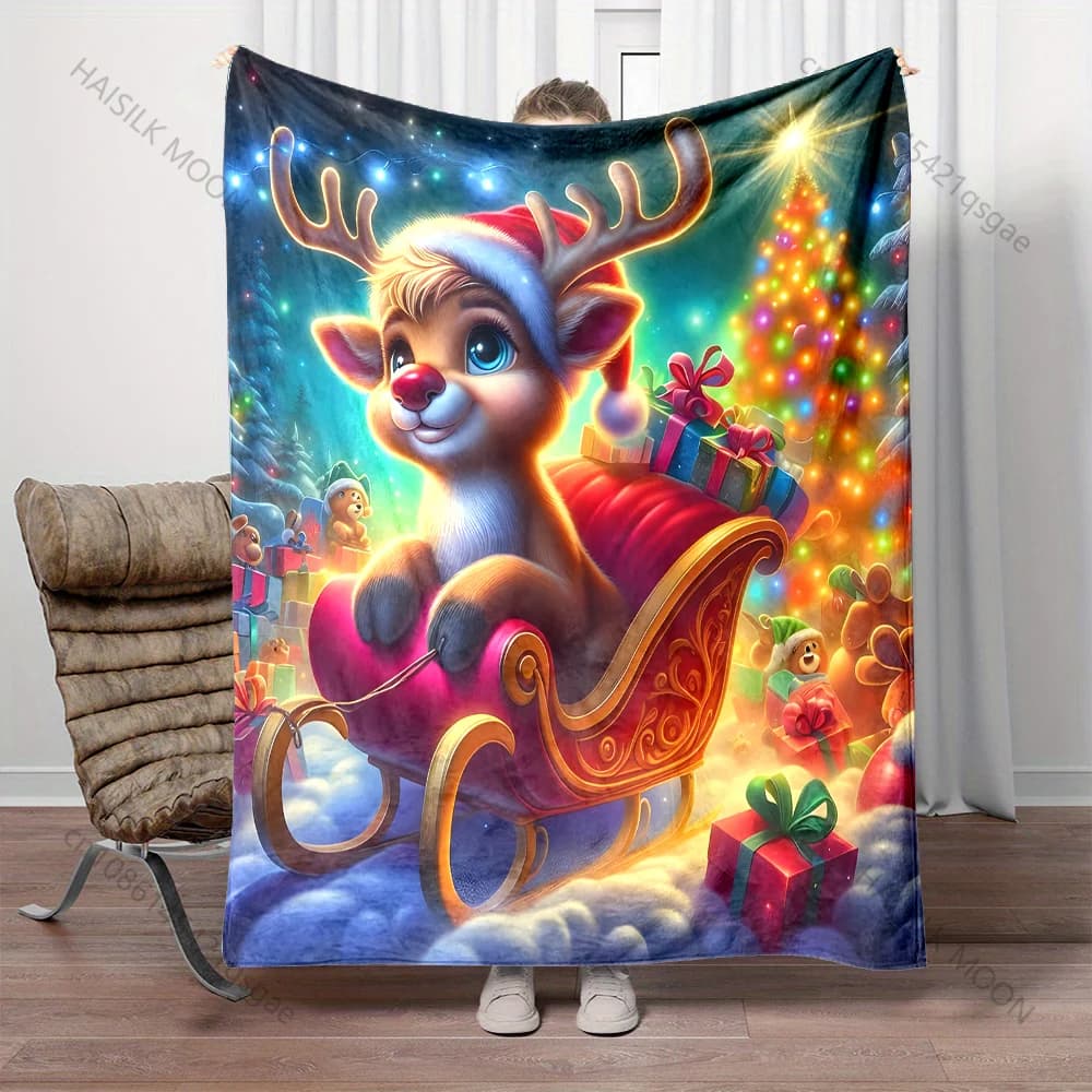 Coperta natalizia a tema con regali e motivo a slitta, materiale in flanella, morbido e caldo per tutte le stagioni, picnic da campeggio all'aperto