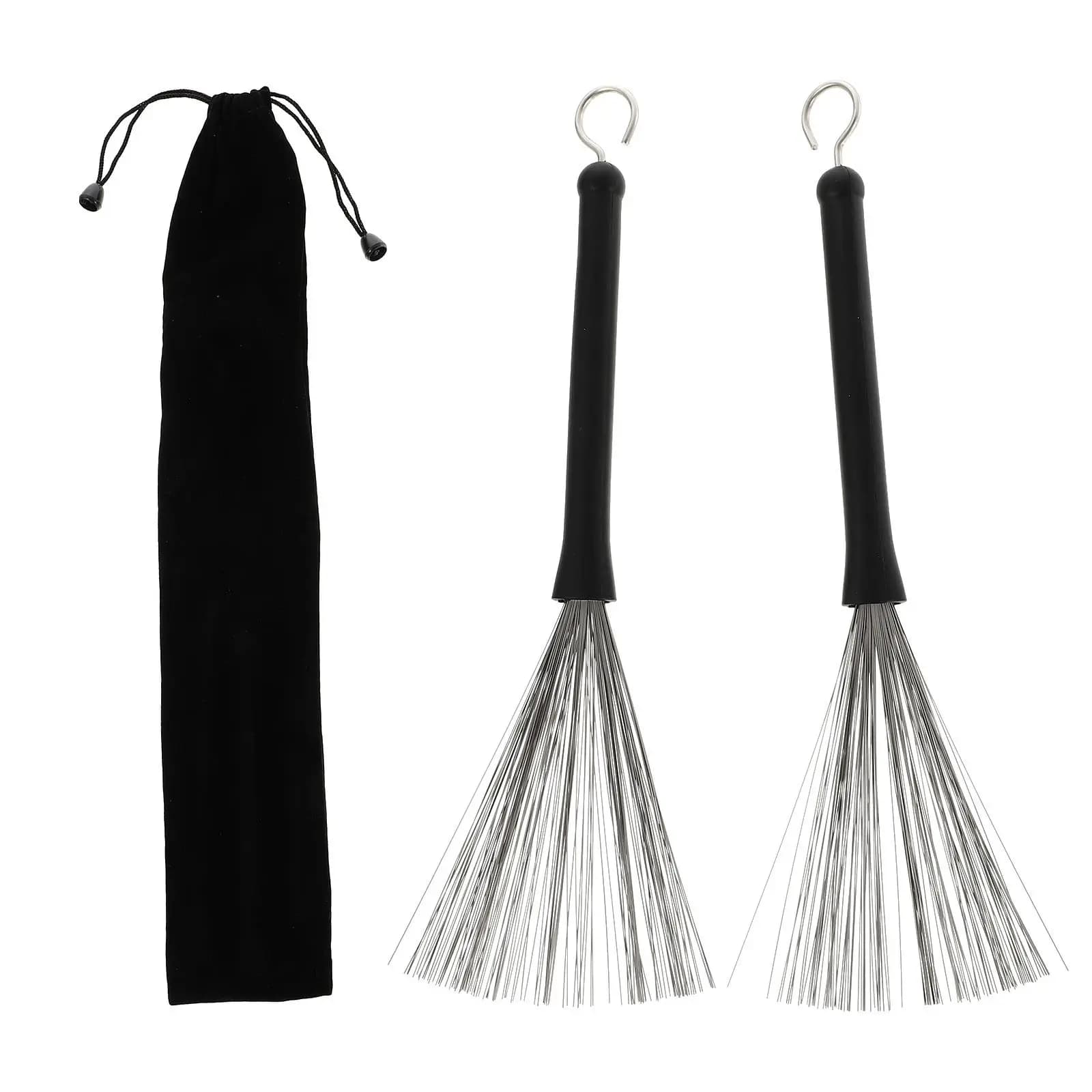 1Set Drum Brush Portable Steel Wire Stick Brush Storage Bag Non Slip Grip Professional Jazz Drum Cleaning Tool
