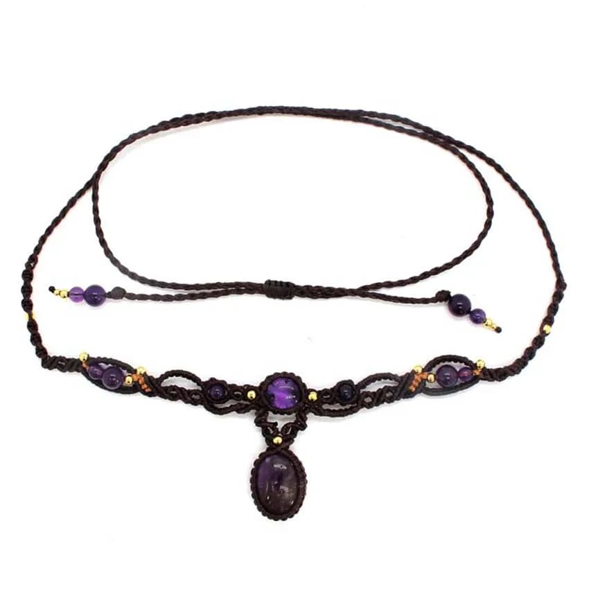 Crystal Braided Macrame Stone Pendant Necklace For Women Natural Amethyst Quartz Handmade Thread Rope Wrapped Weave Chain Collay