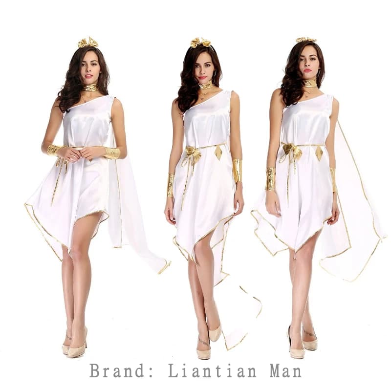 Abito Lungo da Dea Greca Regina Egiziana Bianco con Dettagli Traforati, Nuovo Stile per Halloween