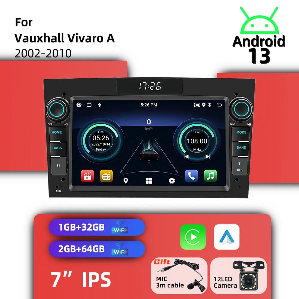 Autoradio Wireless Carplay 2Din Android con GPS, BT, WIFI, Schermo Multimediale da 7 Pollici per Vauxhall Vivaro A 2002-2010