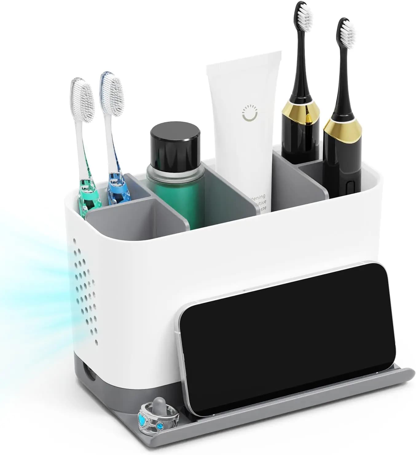 Portaspazzolini Regolabile a 6 Scomparti con Supporto per Telefono, Organizer da Bagno per Spazzolini Elettrici con Organizzazione Cavi