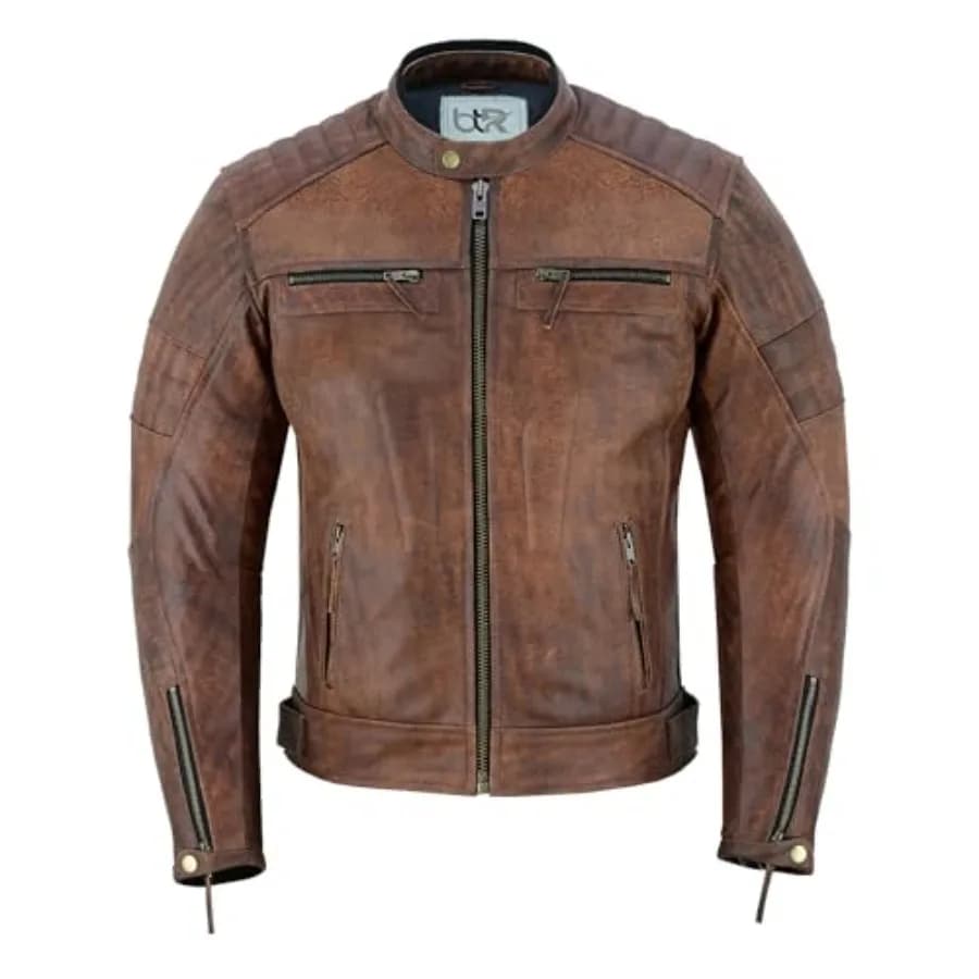 Men's Leather Motorcycle Jacket, Distred Biker Riding Jacket with Armor Pockets, Removable Liner