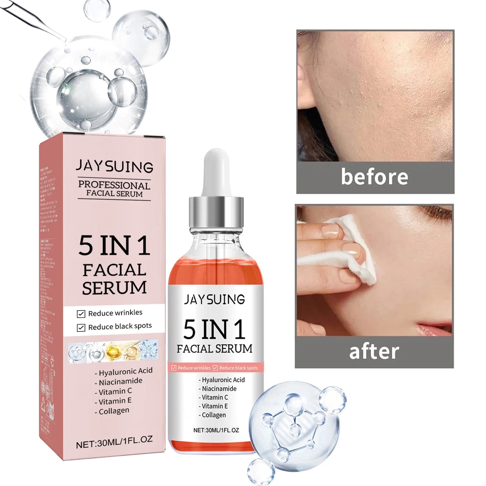 Siero viso 5 in 1 schiarente antietà idratante correttore macchie scure riduzione delle rughe vitamina C niacinamide ialuronico 30 ml